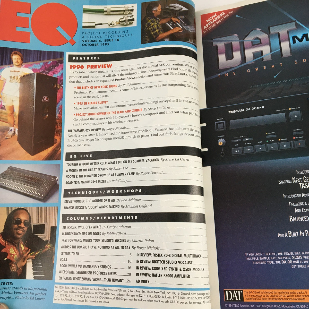 Inside pages of EQ Recording & Sound Magazine Vol 6 #10 October 1995, featuring a preview of the 1996 AES convention and a focus on Hans Zimmer.