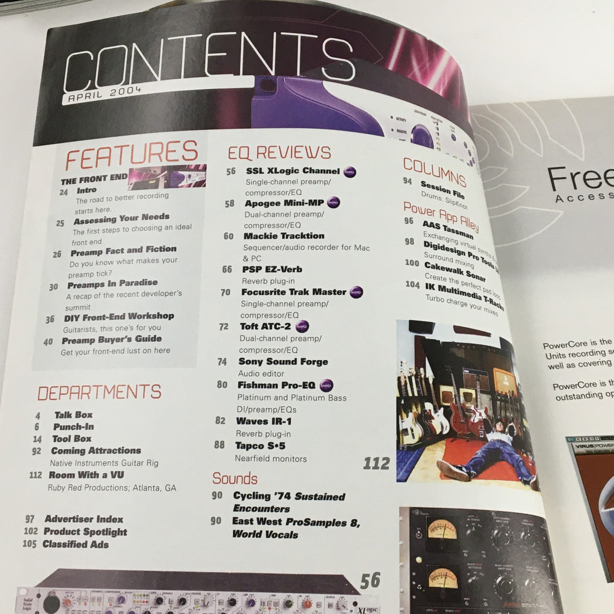 Contents page of EQ Recording Magazine April 2004 highlighting features, EQ reviews, and departments, including Mackie Tracktion & Waves IR-1 Tests.