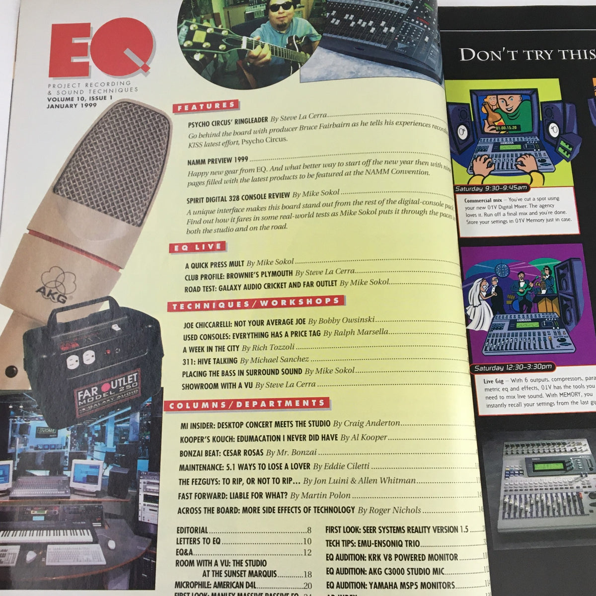 Interior page of EQ Recording & Sound Magazine Vol 10 #1 January 1999, presenting articles and features related to music techniques and equipment reviews.