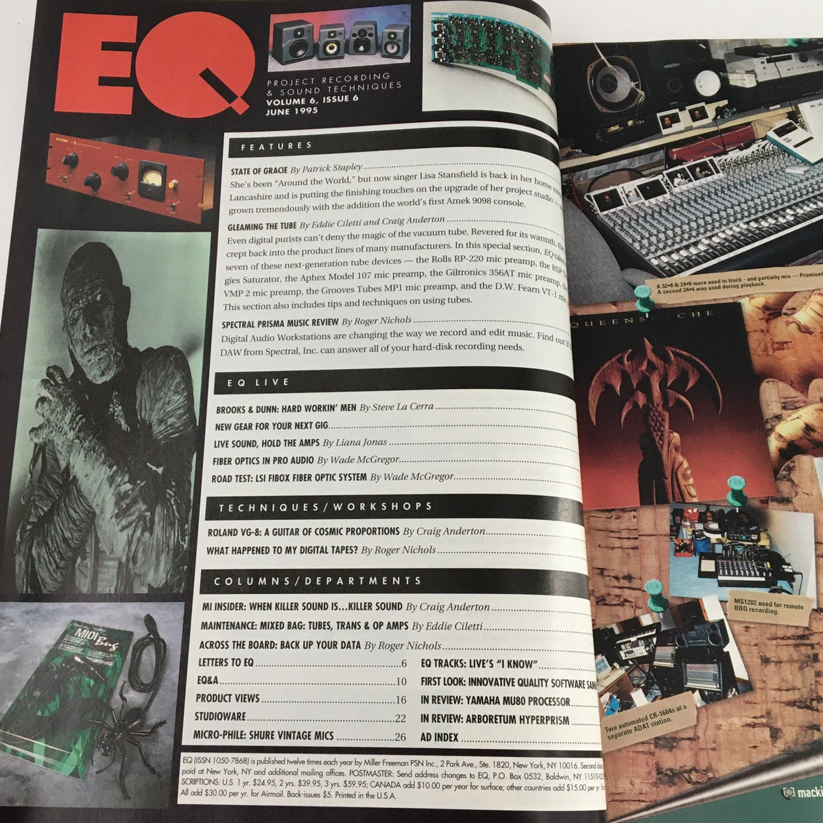 Interior page of EQ Recording & Sound Magazine Volume 6 Issue 6 from June 1995 detailing the features and articles, including a review section and sound techniques.