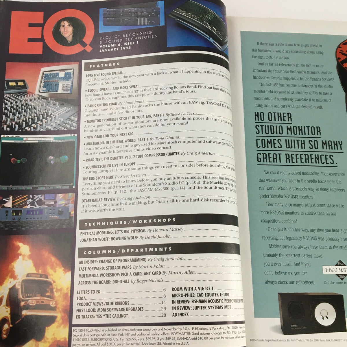 Inside page of EQ Recording & Sound Magazine Vol 6 #1 January 1995, featuring articles on recording techniques, gear reviews, and the Otari Radar Recorder.