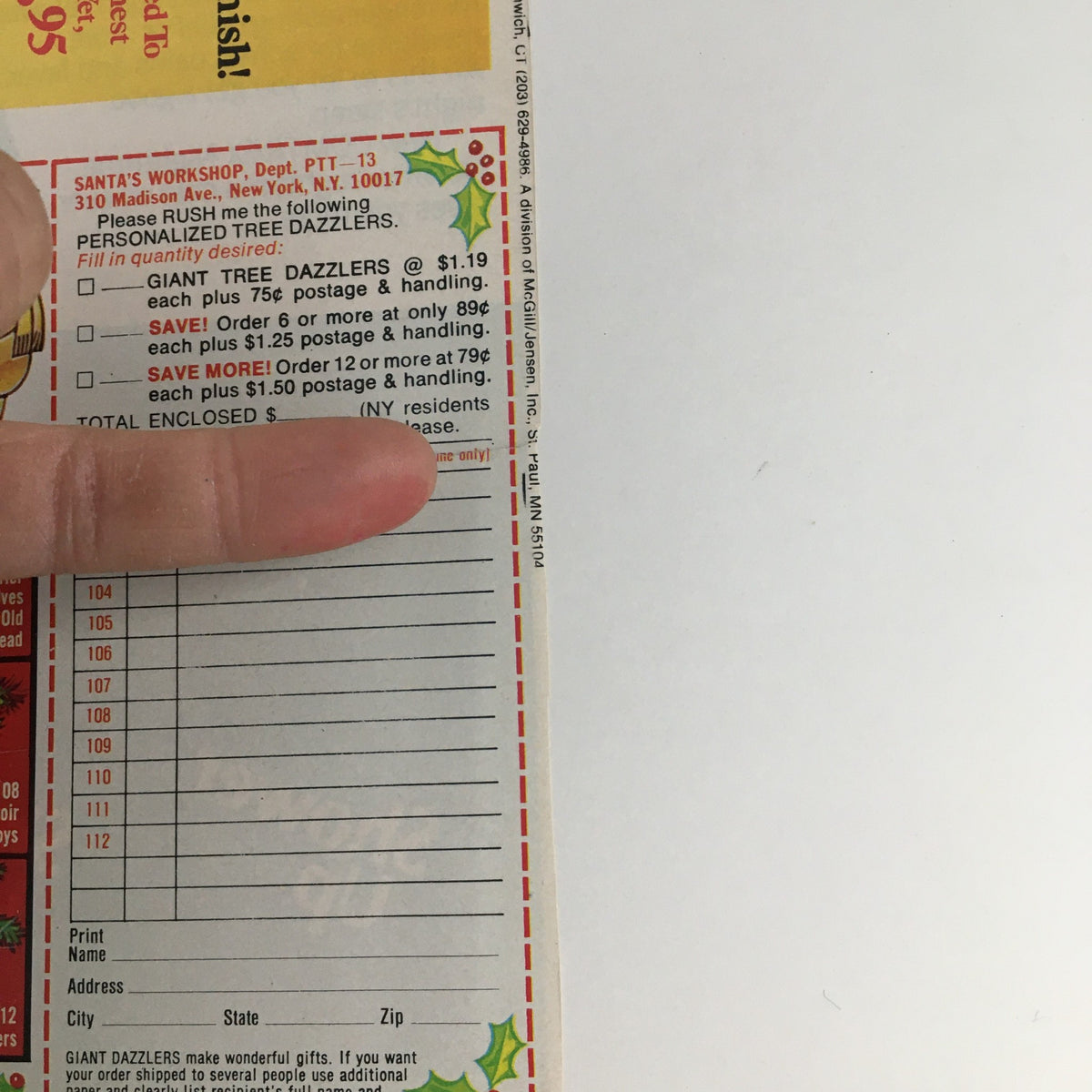 Close-up of the 1981 Shower Up Liquid Shower and Bath Soap Circular Coupon Advertisement highlighting the Personalized Tree Dazzlers with pricing details and order form for customers.