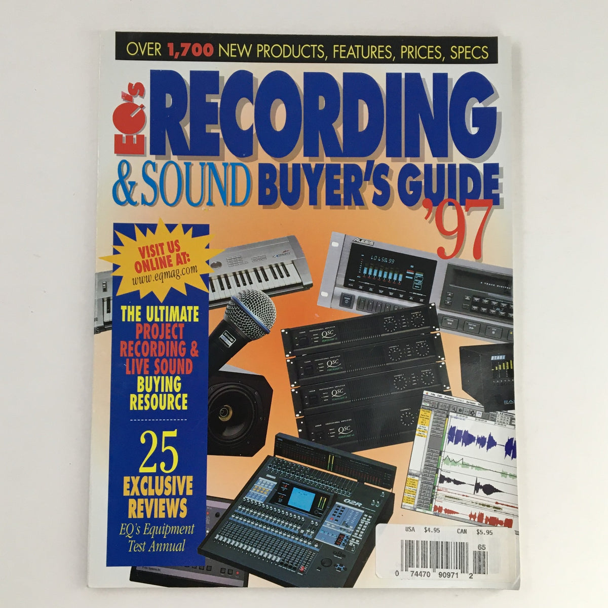 Cover of EQ's Project Recording & Sound Buyer's Guide Catalog January 1997 showcasing various audio equipment and features. Includes a microphone, keyboards, and digital audio recorders.