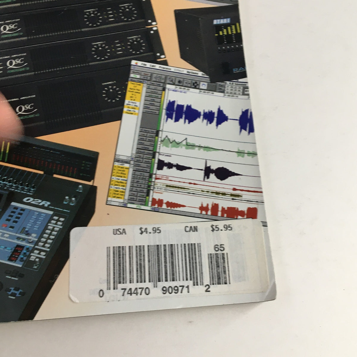 Close-up of the back cover of EQ's Project Recording & Sound Buyer's Guide Catalog January 1997 highlighting pricing information and software for sound mixing.