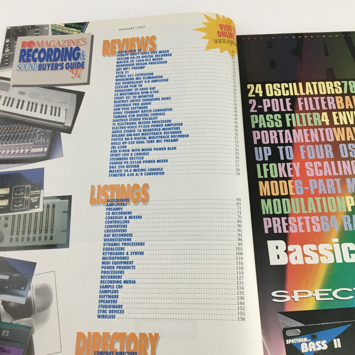 Inside page of EQ's Project Recording & Sound Buyer's Guide Catalog January 1997 listing reviews, product features, and a directory of audio equipment.