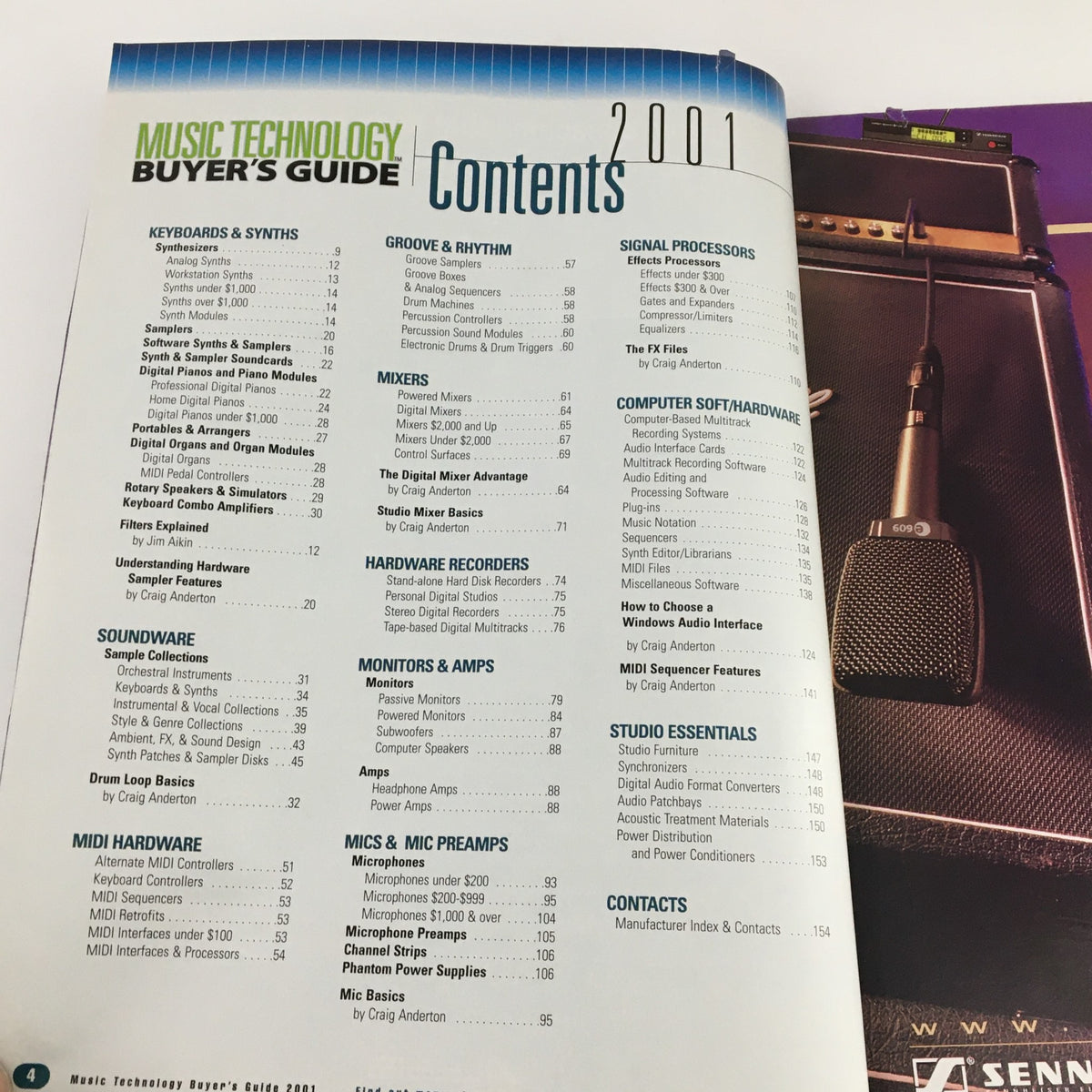 Contents page of the EQ Music Technology Buyer's Guide 2001, detailing sections on keyboards, mixers, software, and other music technology.