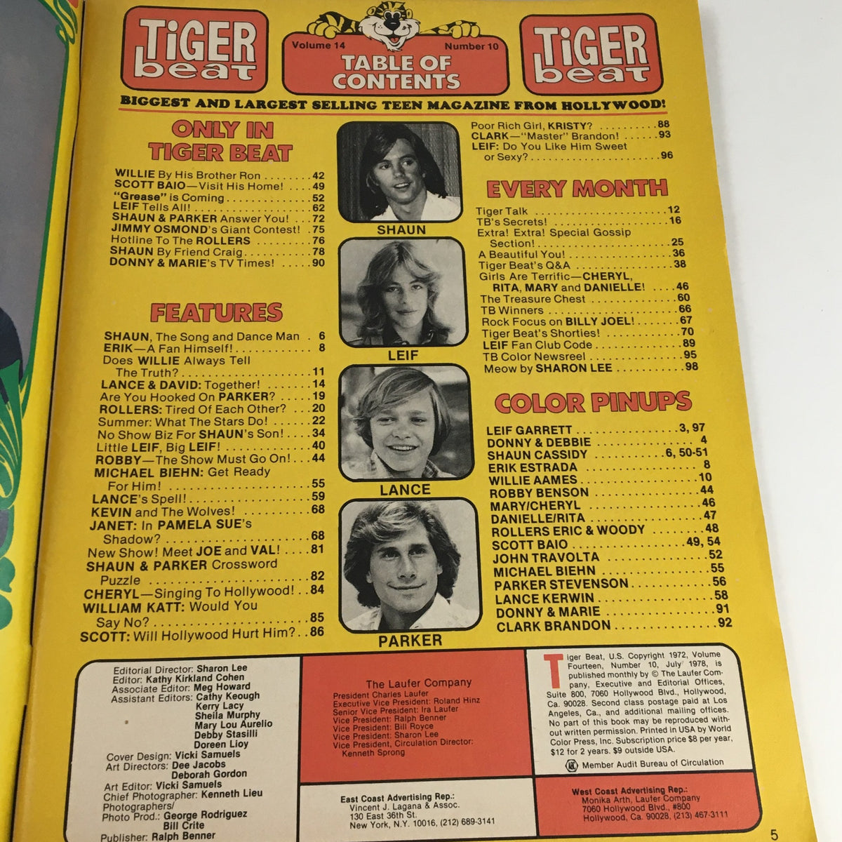 Table of contents page from Tiger Beat Magazine July 1978 outlining featured articles and celebrity highlights including Shaun and Parker.