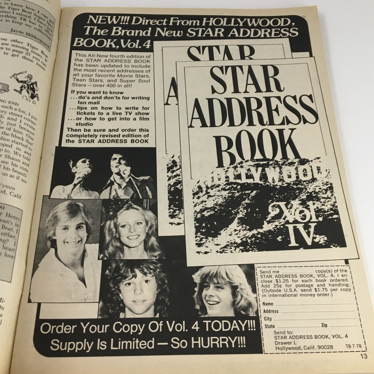 Advertisement for Star Address Book in Tiger Beat Magazine July 1978, highlighting updated addresses for popular celebrities.