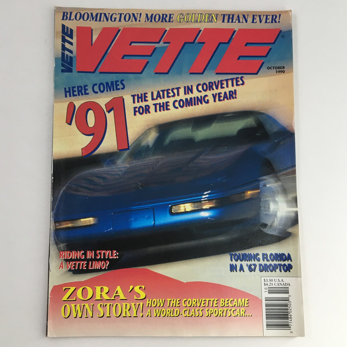 Vette Magazine October 1990 cover showcasing the iconic Chevrolet Corvette with a blue sports car design, featuring titles about the latest Corvettes and a feature on touring Florida in a '67 droptop.