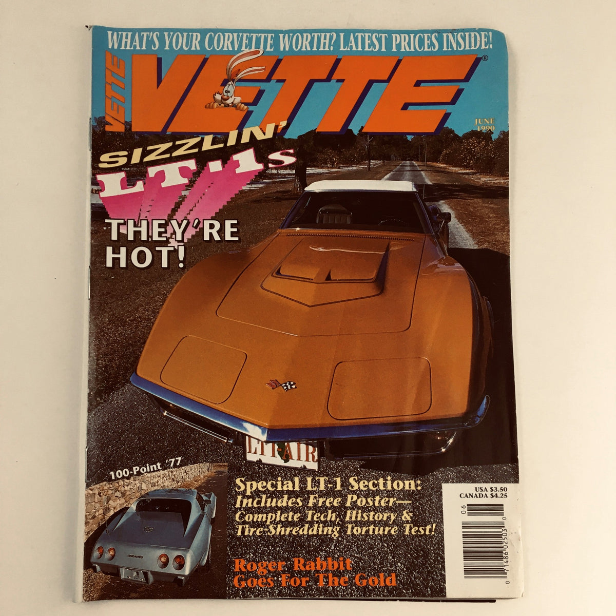 Vette Magazine June 1990, featuring the cover story 'Roger Rabbit Goes For The Gold', showcasing a classic orange Corvette in front of a scenic road. The magazine emphasizes Corvette culture and automotive excitement, appealing to collectors and fans of vintage magazines.