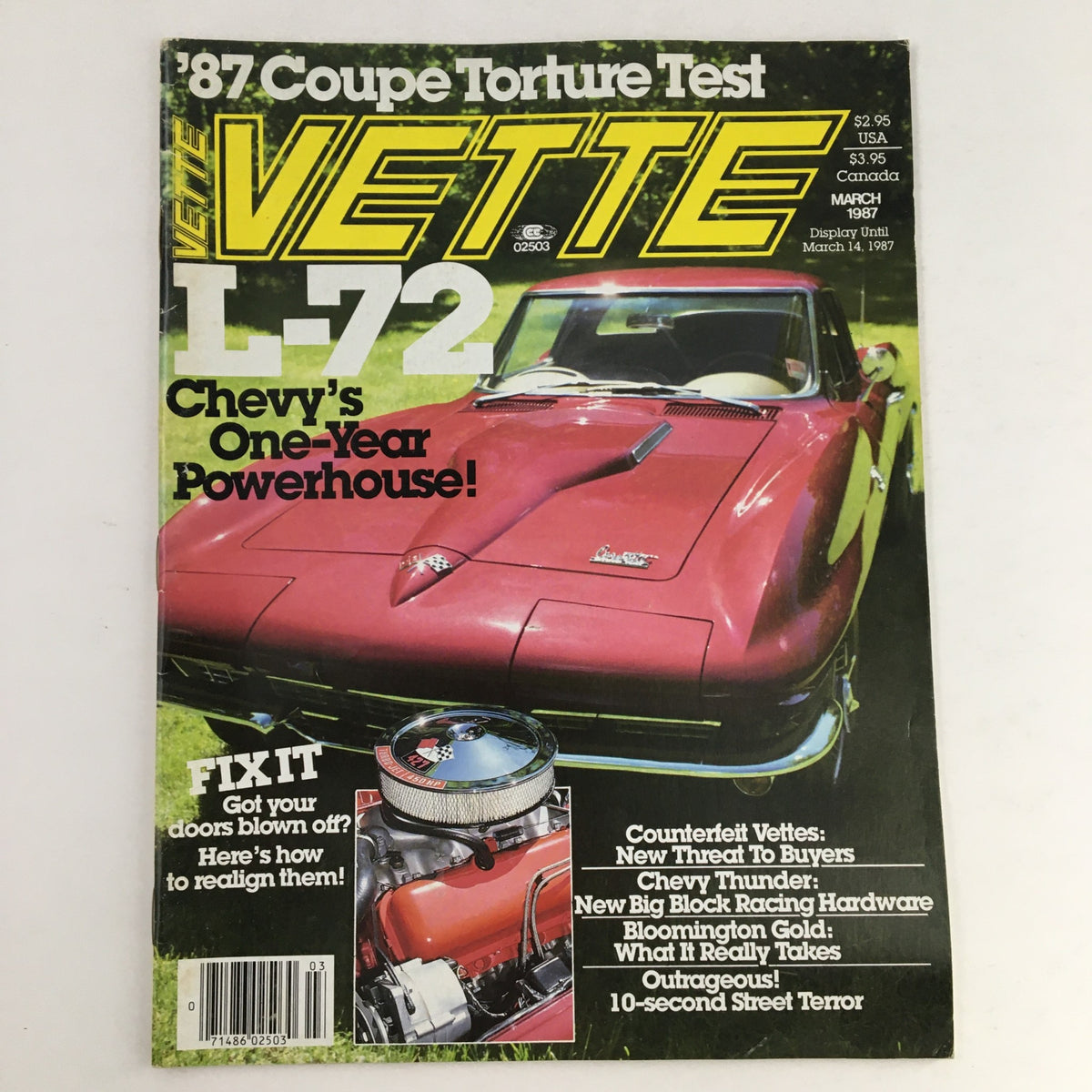 Cover of Vette Magazine from March 1987 featuring the L-72 Chevy Powerhouse and '87 Coupe Torture Test. The magazine includes vibrant imagery of a classic red Corvette along with text highlighting automotive features and tips.