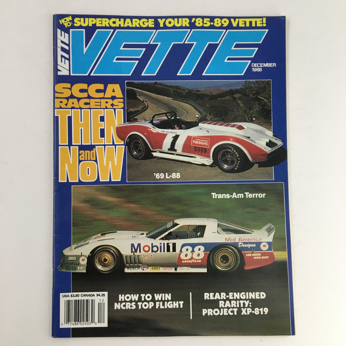 Cover of Vette Magazine December 1988 featuring SCCA Racers '69 L-88 and Trans-Am Terror, showcasing classic American muscle cars and racing culture.