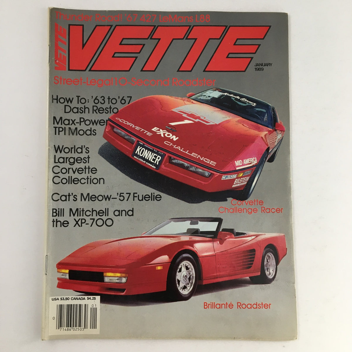 Cover of Vette Magazine January 1989 showcasing the Corvette Challenge Racer and Brillante Roadster, highlighting automotive performance and vintage car culture.