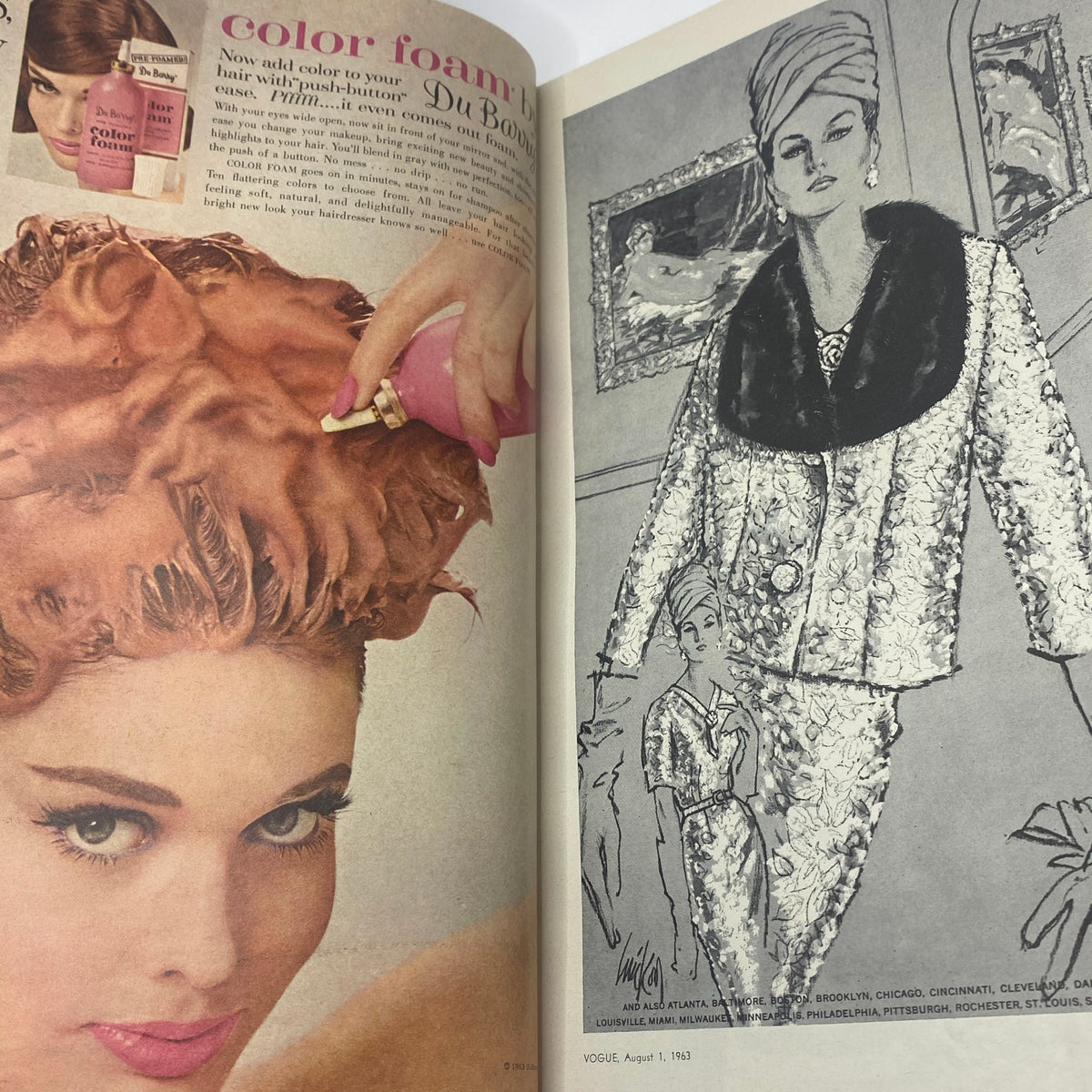 VTG Vogue Magazine August 1 1963 displaying hairstyle products alongside vintage fashion illustrations, highlighting beauty and style trends of the early 1960s.