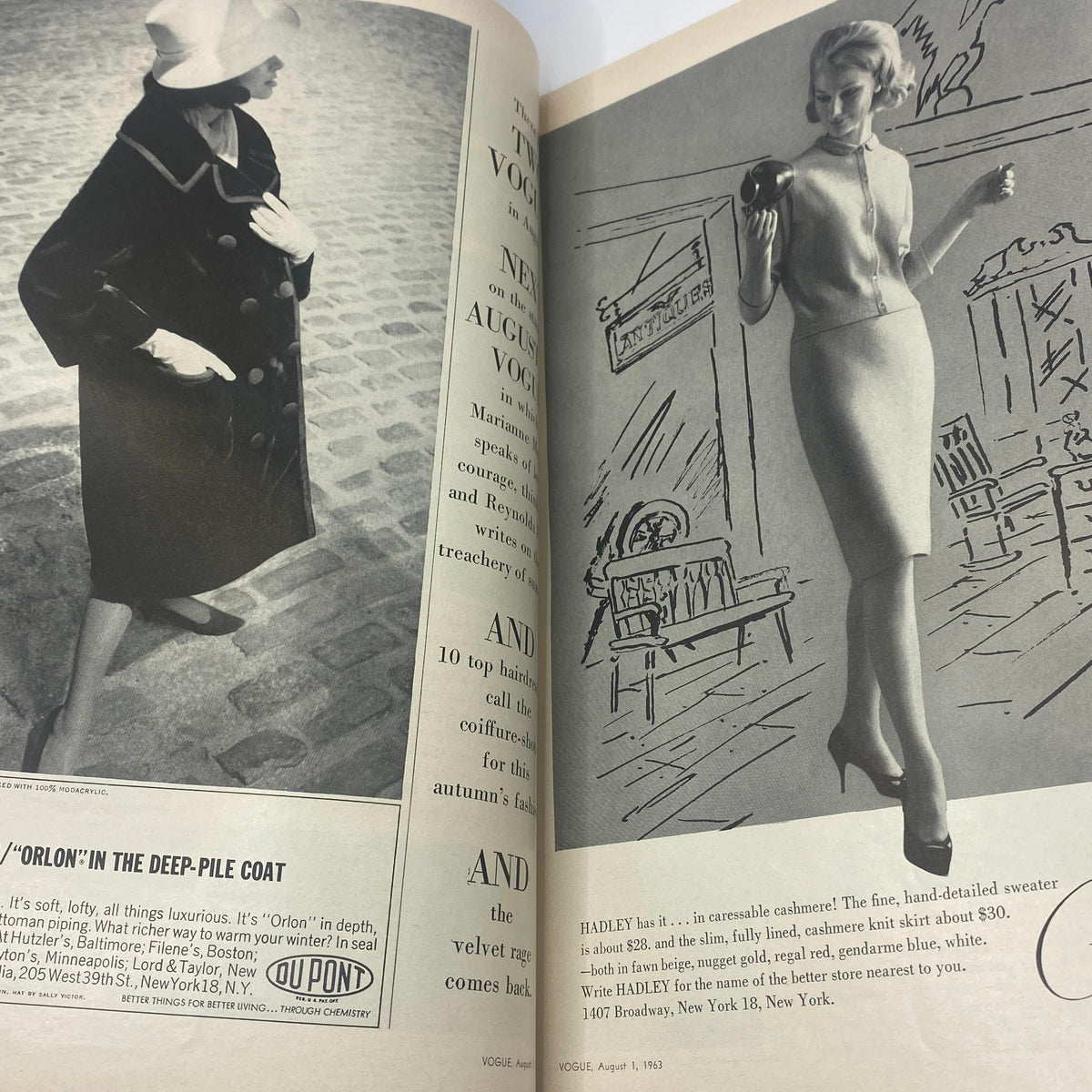 VTG Vogue Magazine August 1 1963 featuring a model in a luxurious coat and stylish attire, capturing the essence of 1960s fashion design in vintage publication.