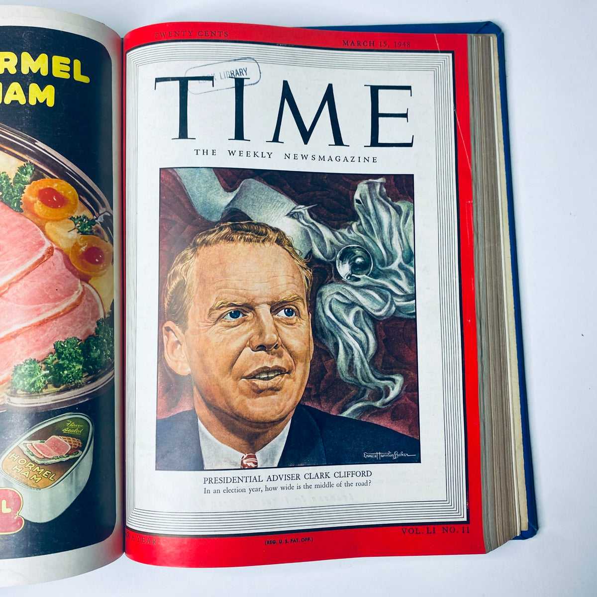 Cover of Time Magazine Library Bound Weekly January 5 to March 29, 1948, featuring presidential adviser Clark Clifford on a vibrant background, reflecting political insights.