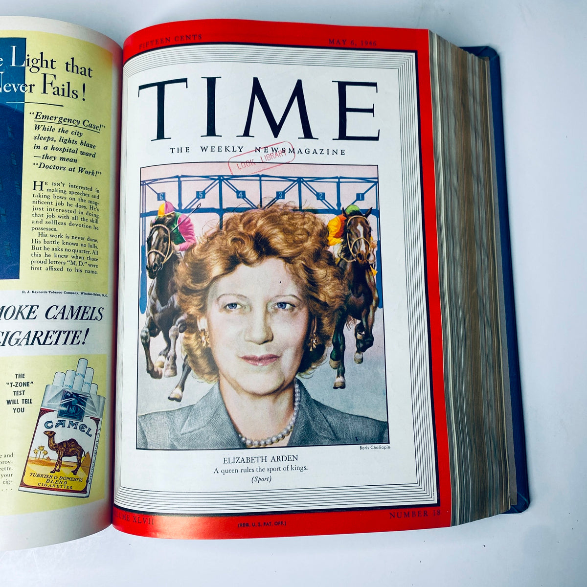 Cover of Time Magazine, May 6, 1946 featuring Elizabeth Arden, titled 'Elizabeth Arden - A queen rules the sport of kings.'. From the Time Magazine Library Bound Collection April 1 - June 24, 1946.