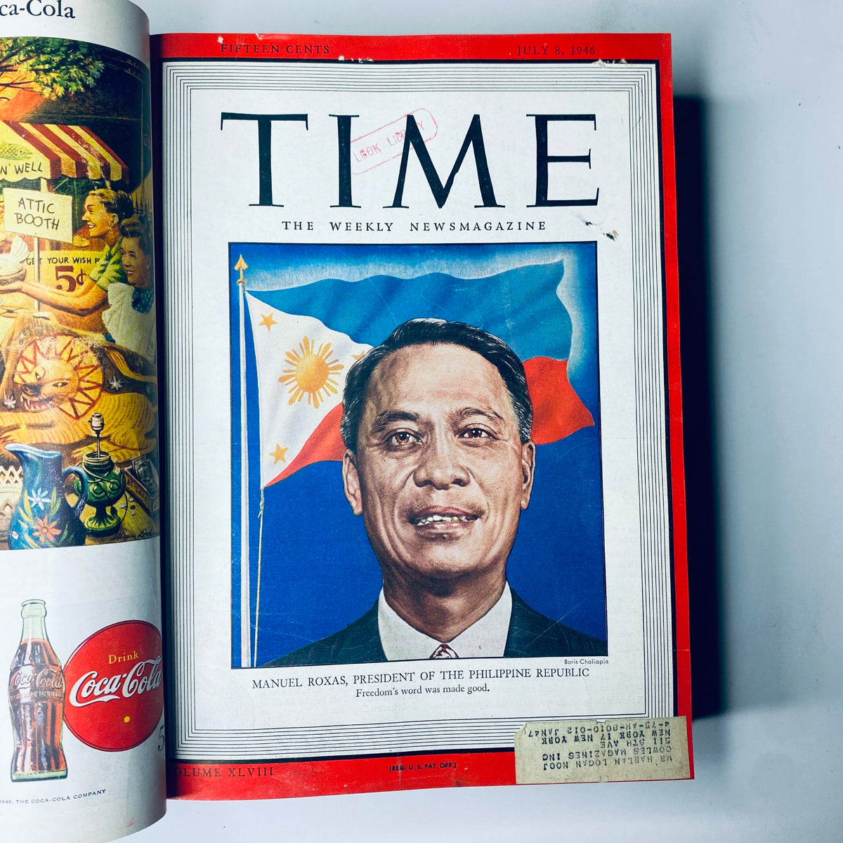 Cover of Time Magazine from July 8, 1946 featuring Manuel Roxas, President of the Philippine Republic, with a colorful background of the Philippine flag.