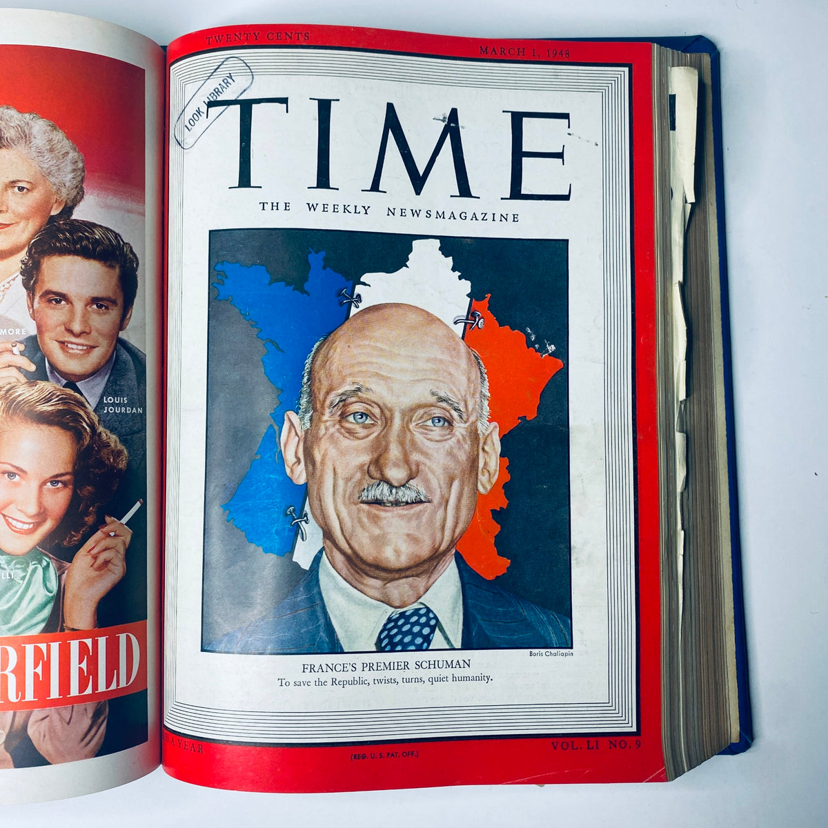 Cover of Time Magazine Library Bound Weekly January 5 to March 29, 1948, showcasing France's Premier Robert Schuman surrounded by colors of the French flag.