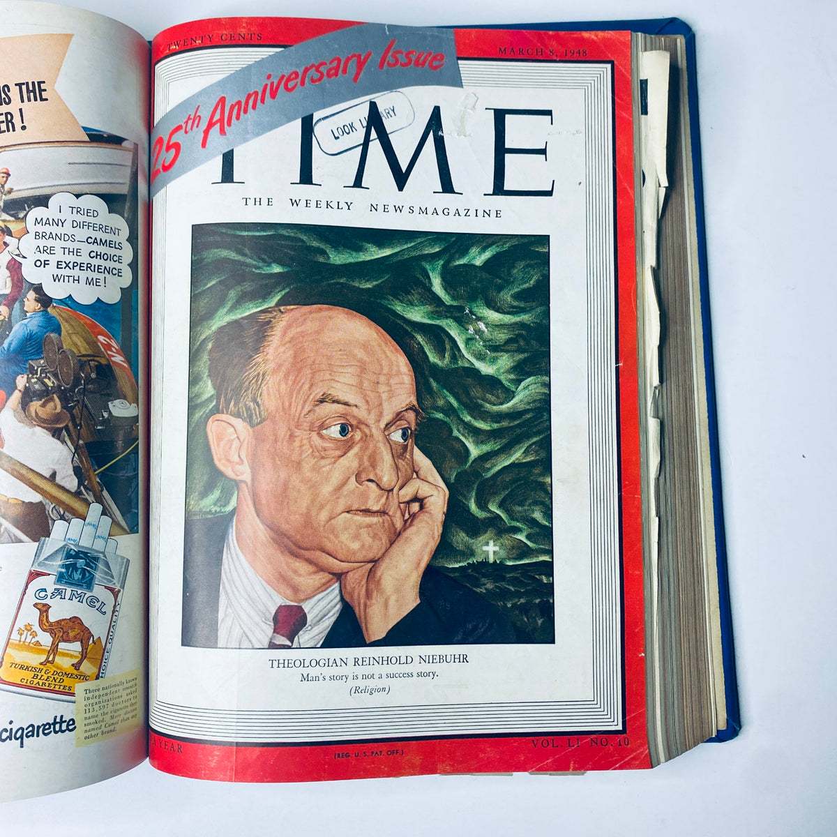 Cover of Time Magazine Library Bound Weekly January 5 to March 29, 1948, displaying theologian Reinhold Niebuhr, emphasizing human stories in a post-war context.