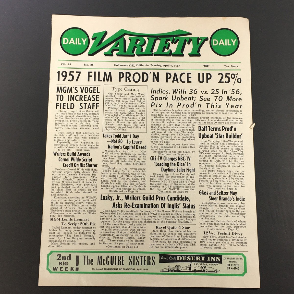 VTG Daily Variety Tabloid April 9 1957 showcasing the headlines including '1957 Film Production Pace Up 25%', featuring news related to the film industry, with a distinct vintage design.