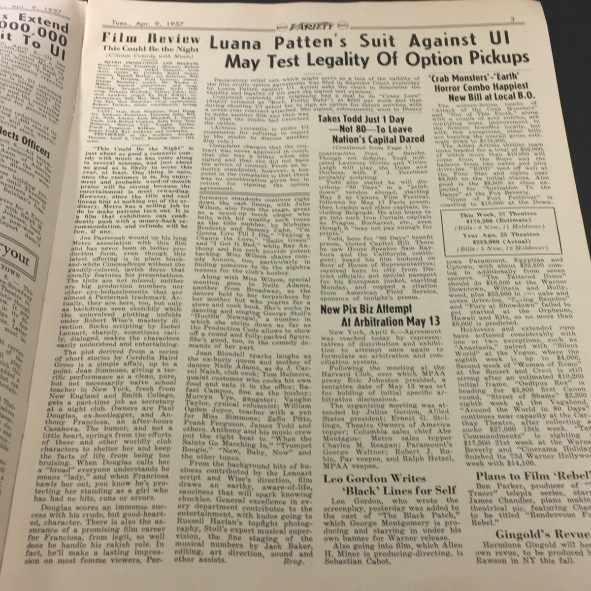 Inside pages of the VTG Daily Variety Tabloid from April 9, 1957 featuring film reviews and entertainment news, illustrating the popular culture of the era.