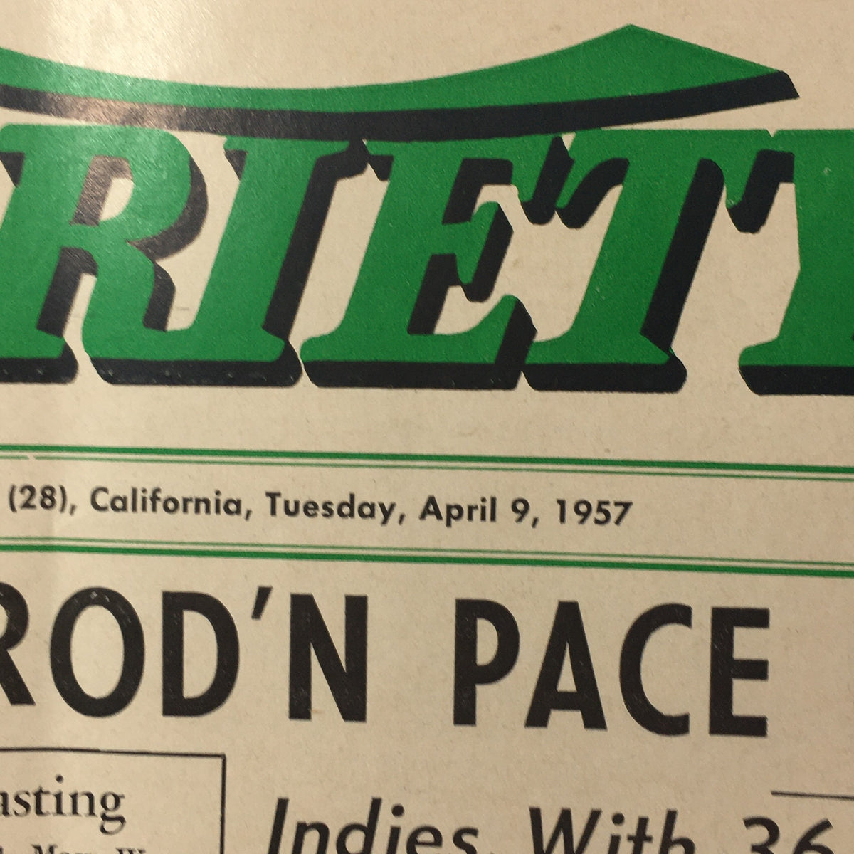 Cover of the VTG Daily Variety Tabloid from April 9, 1957, with the bold 'VARIETY' title showcasing the publication's iconic design.
