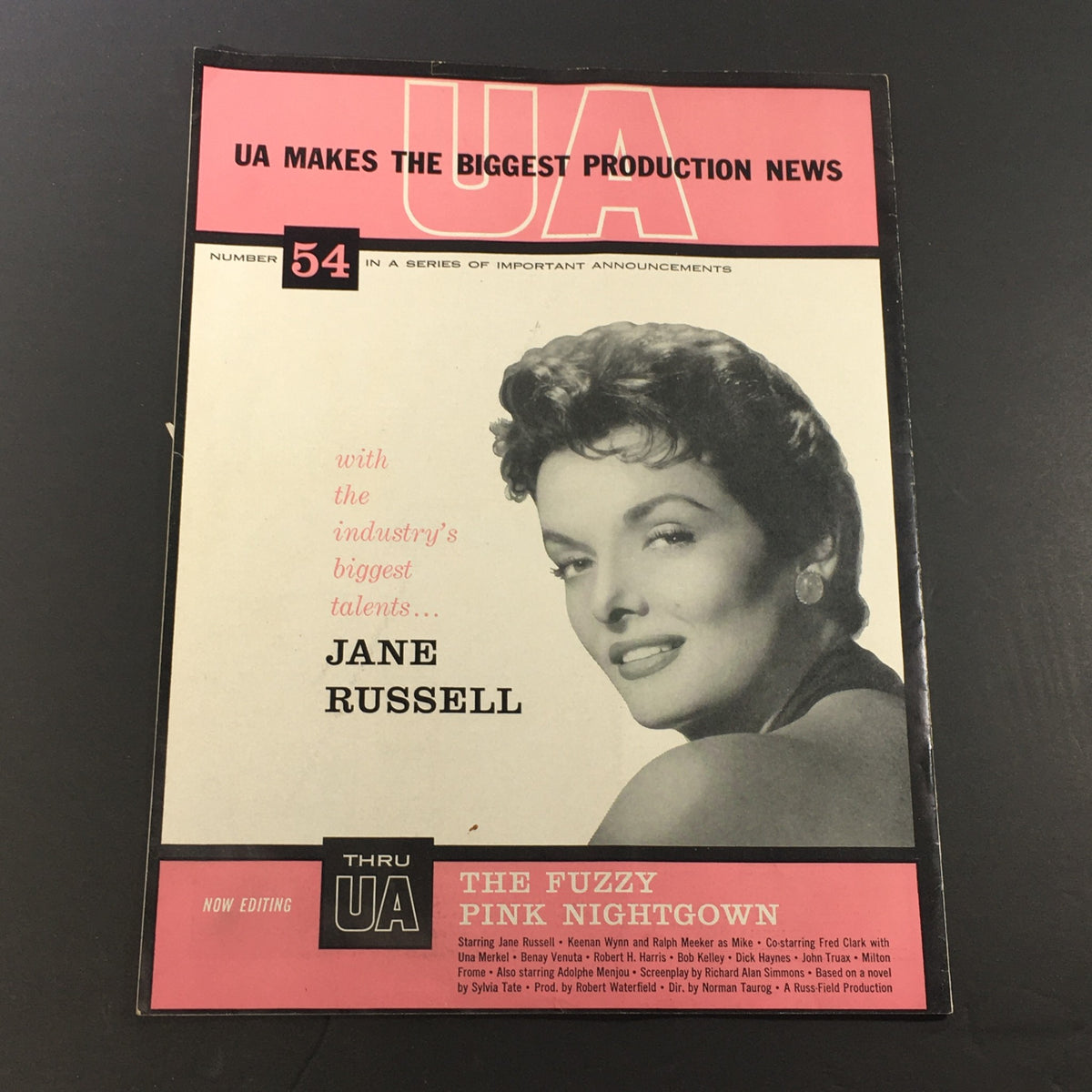 Promotional material from the UA featuring Jane Russell, highlighting her role in the film 'The Fuzzy Pink Nightgown,' showcasing vintage movie advertising from 1957.