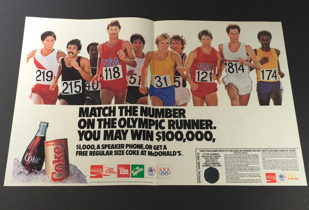 VTG Retro 1989 Coca-Cola ad featuring Olympic runners, promoting a contest to win $100,000 or free Coke at McDonald's, with vibrant colors and nostalgic design.