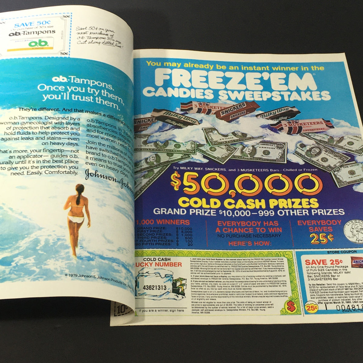 Vintage advertisement featuring Johnson & Johnson o.b. Tampons and a sweepstakes for freeze-em candies, showcasing a nostalgic 1980 marketing style, highlighting $50,000 cold cash prizes.