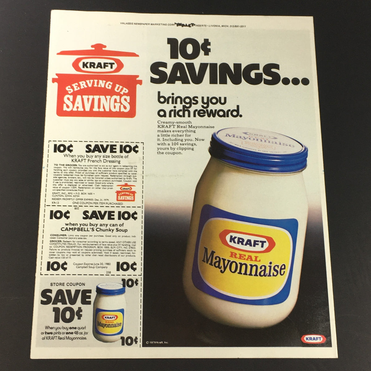 Vintage Kraft mayonnaise advertisement featuring a store coupon for savings. The ad prominently displays Kraft Real Mayonnaise with a 10 cent savings offer, showcasing retro food marketing from the late 1970s. Perfect for collectors of nostalgic food memorabilia.