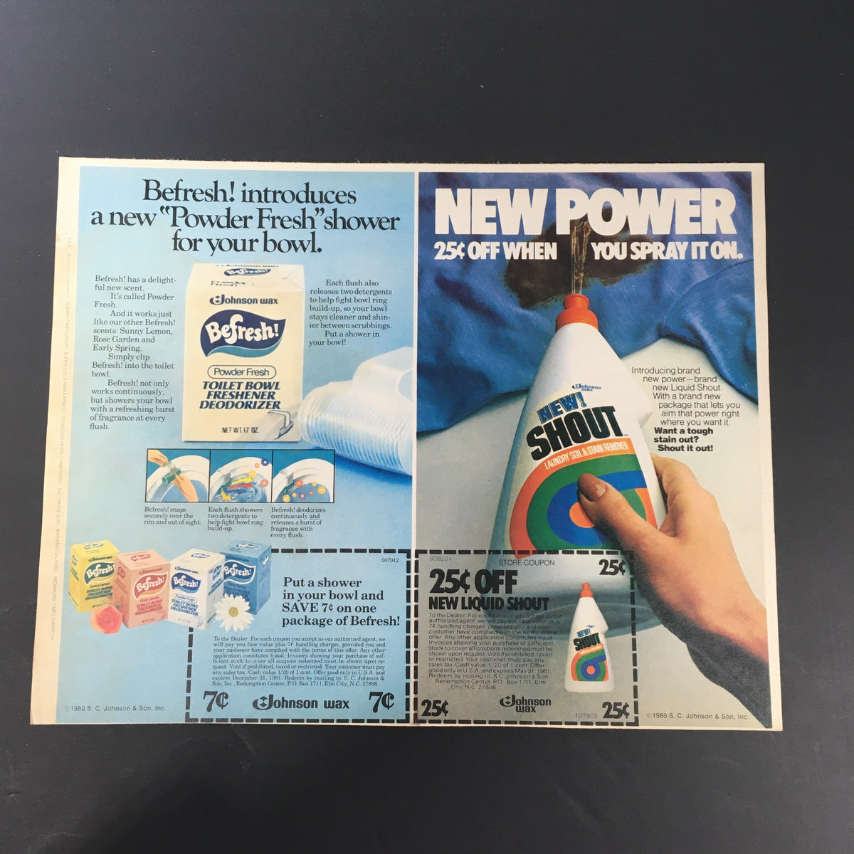 VTG 1980 Johnson Wax BeFresh Toilet Deodorizer & Shout Stain Remover Ad Coupon featuring eye-catching graphics and product descriptions, showcasing household cleaning innovations.