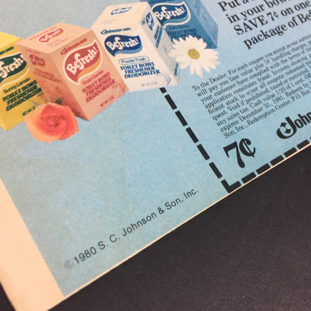 Close-up of the VTG 1980 Johnson Wax BeFresh Toilet Deodorizer & Shout Stain Remover Ad Coupon, highlighting the products and the coupon details for savings.