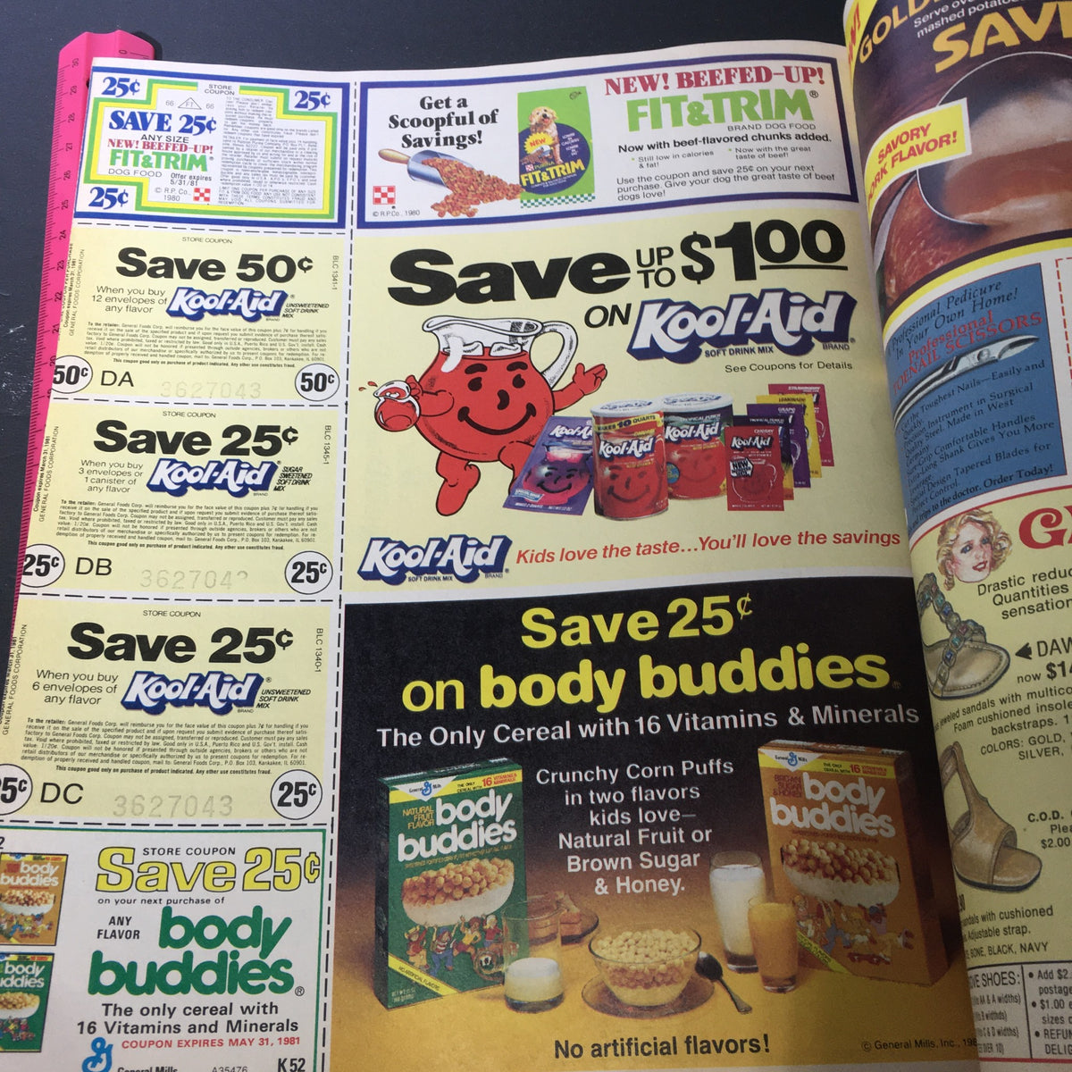 Page from a vintage magazine showcasing a range of coupons, including the VTG 1980 Johnson Wax BeFresh Toilet Deodorizer & Shout Stain Remover offer, alongside other household products.