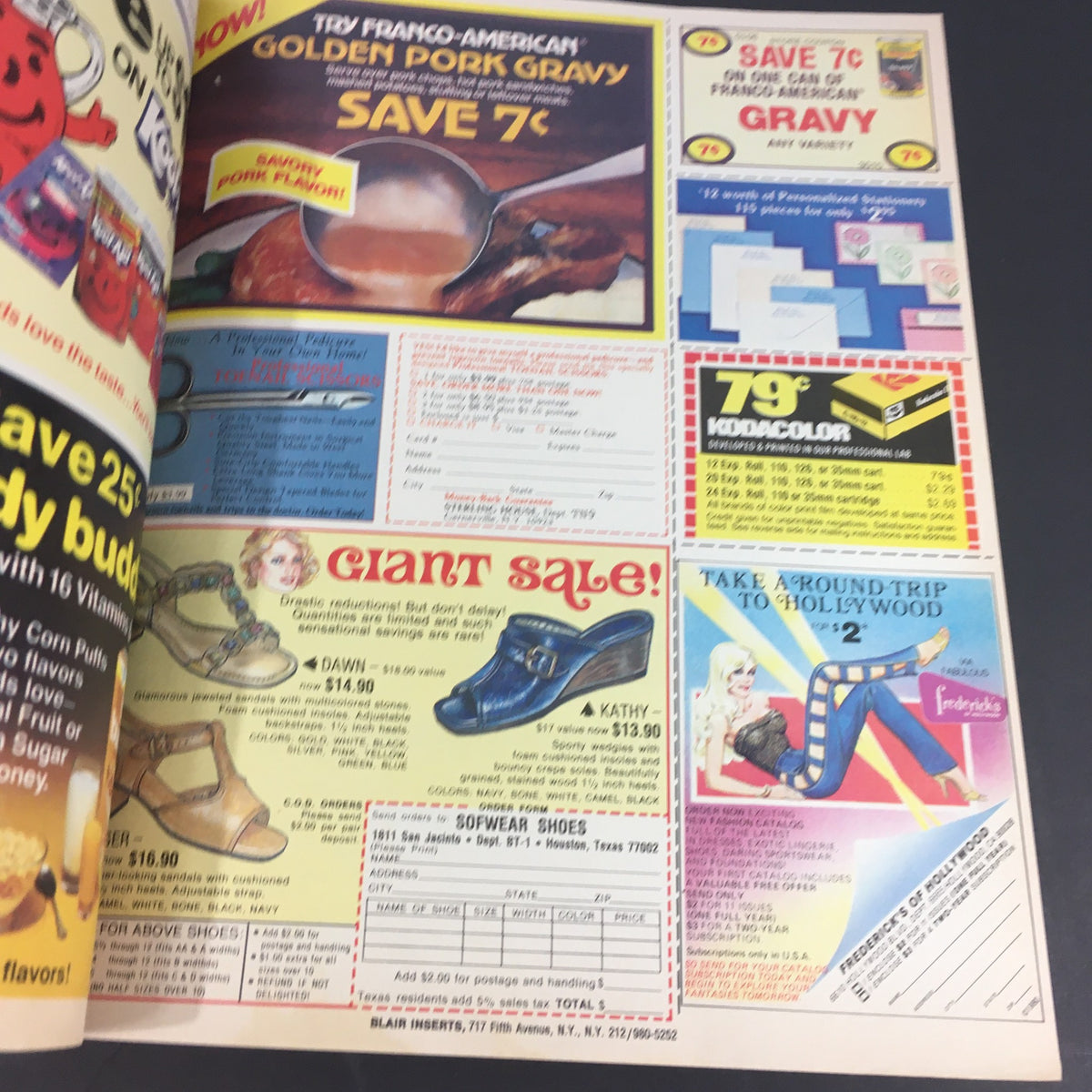 Another vintage magazine page filled with various advertisements, featuring the VTG 1980 Johnson Wax BeFresh Toilet Deodorizer & Shout Stain Remover Ad Coupon among other offers.
