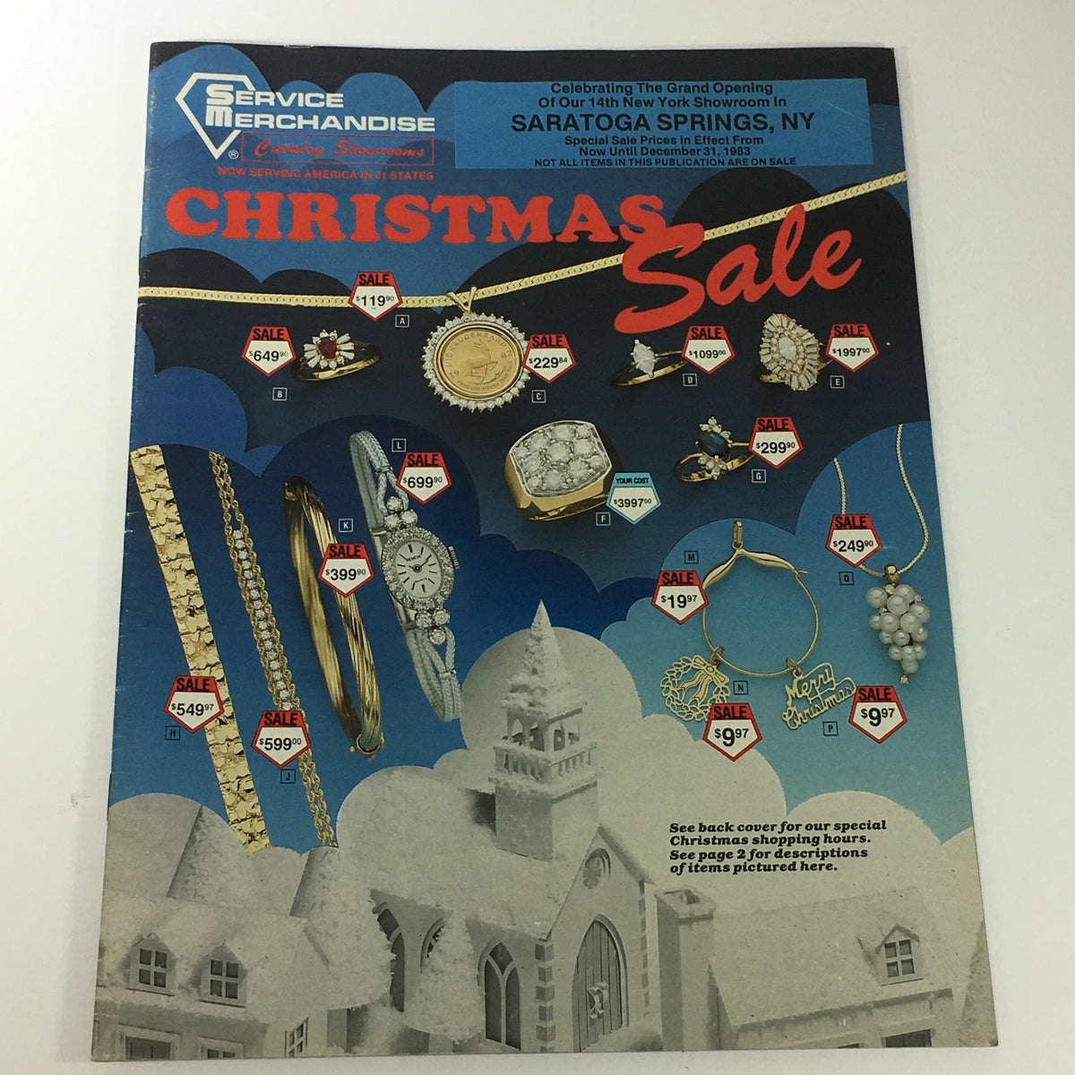 VTG Service Merchandise Showroom 1983 Christmas Sale Price Guide Catalog cover featuring jewelry items on sale, including necklaces, bracelets, and watches, with various sale prices displayed. Perfect for collectors and vintage catalog enthusiasts.