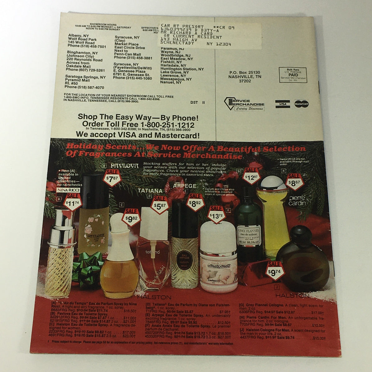 Image of the 1983 Christmas Sale Price Guide Catalog for VTG Service Merchandise Showroom, showcasing a selection of fragrances available for purchase with highlighted sale prices.