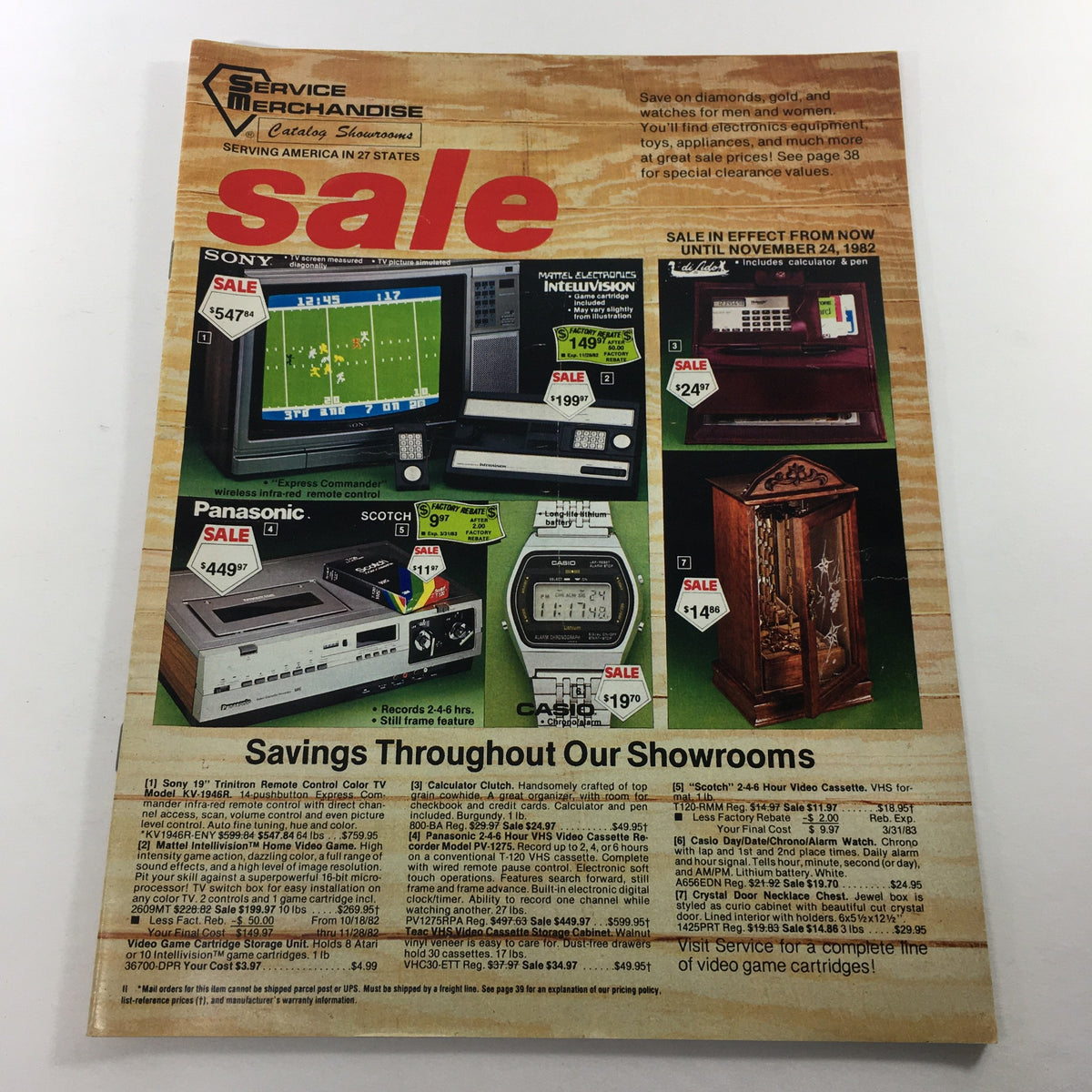 VTG 1982 Service Merchandise Catalog Showroom Sony, Panasonic Brands Price Guide featuring electronic items such as televisions, gaming consoles, and watches for sale.