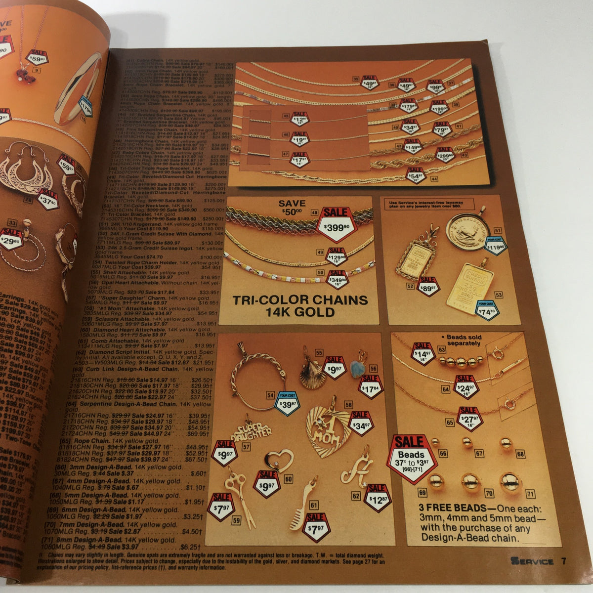 Interior page of the 1983 Service Merchandise Catalog displaying jewelry offerings including tri-color gold chains and charms, marked with sale pricing and details, emphasizing the vintage retail experience.