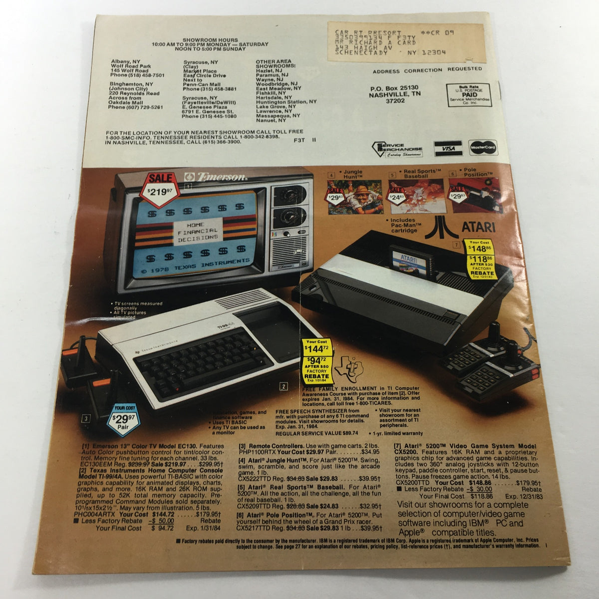Vintage 1983 Service Merchandise Catalog displaying various electronics including TVs and computers on sale, reflecting the technology of the early 80s.