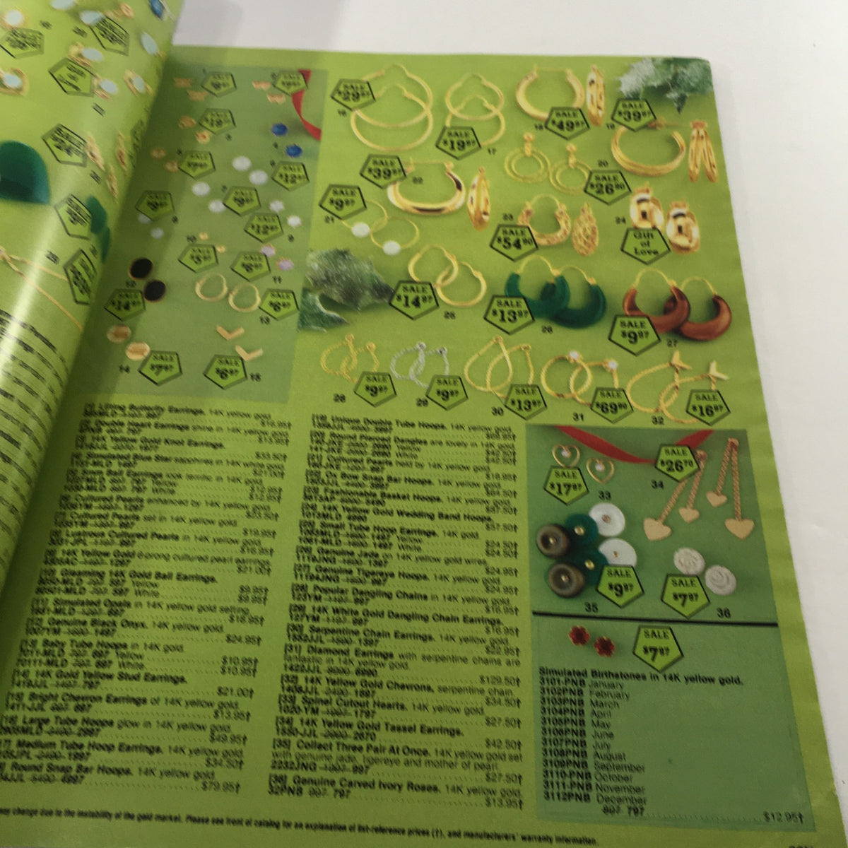VTG 1979 Service Merchandise Catalog Showroom Gifts Diamonds Gold & Silver Guide featuring a page filled with gold jewelry, including earrings and hoops, showcasing prices during a promotional sale.