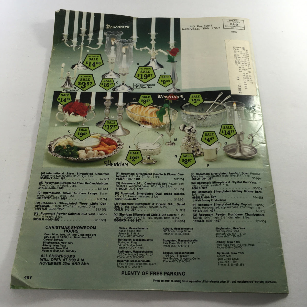 VTG 1979 Service Merchandise Catalog Showroom Gifts Diamonds Gold & Silver Guide displaying a page of silverware and home decor items from the Roosemark collection, highlighting sale prices, ideal for collectors.