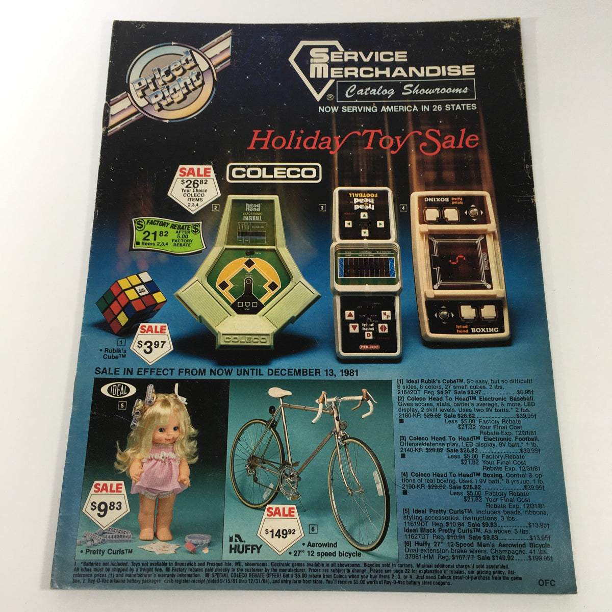 VTG 1981 Service Merchandise Catalog Holiday Toy Sale featuring Coleco toys, including Rubik's Cube, baseball games, and dolls, showcasing nostalgic prices and products.