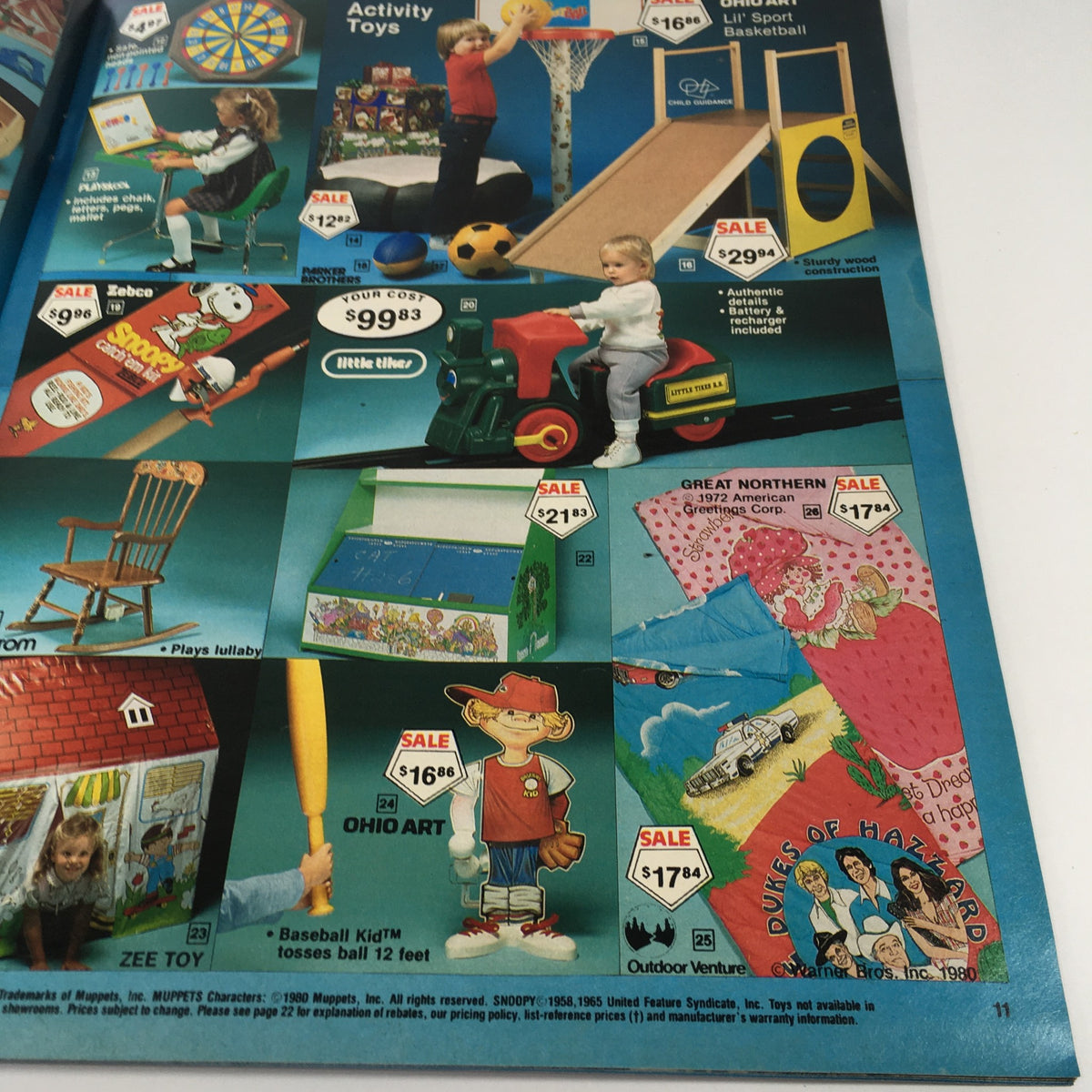 1971 Service Merchandise Catalog Holiday Toy Sale featuring various activity toys from the 1981 edition, including a Little Tikes vehicle and sports equipment.