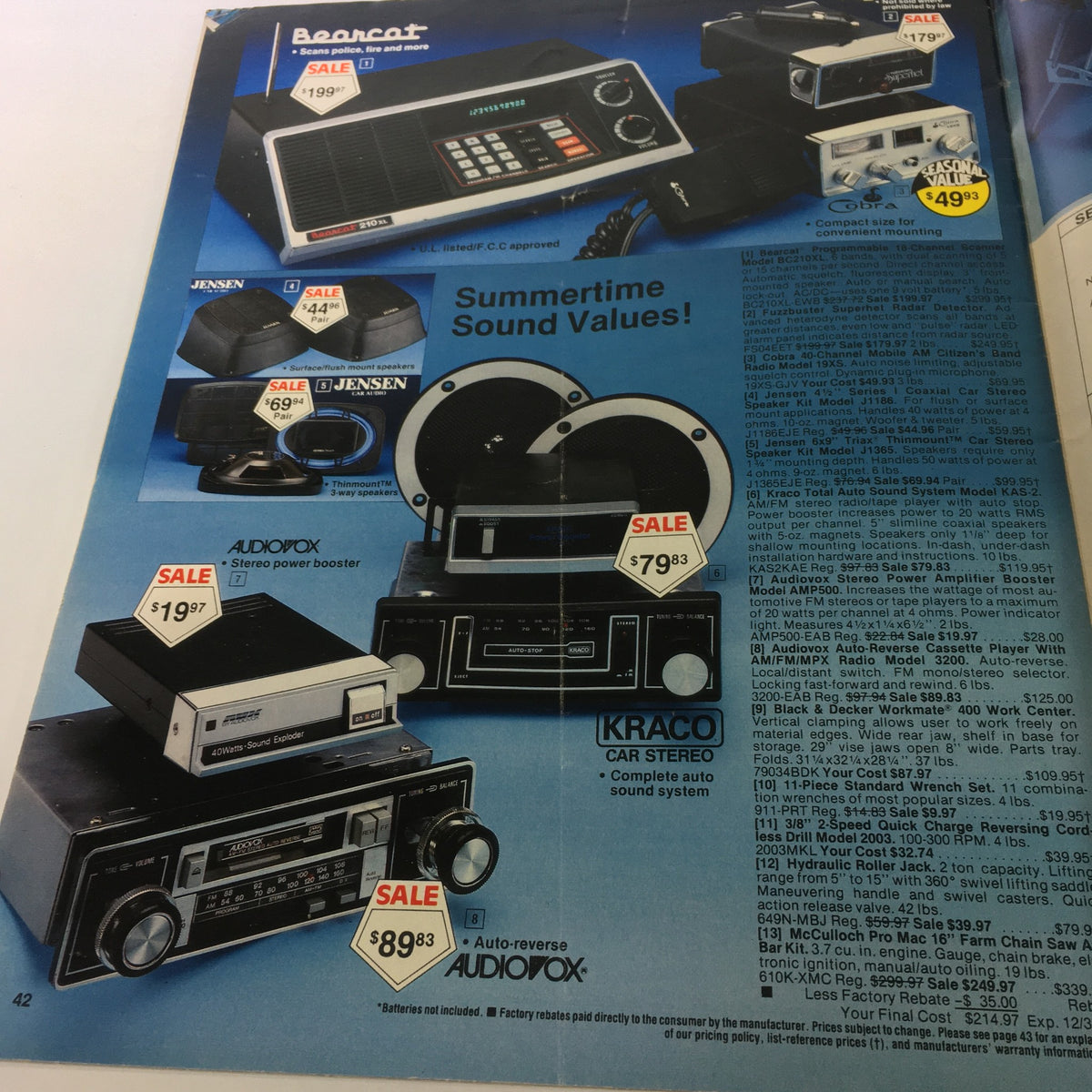 VTG 1983 Service Merchandise Catalog Showroom Summertime Savings Sale Guide advertising various sound systems and audio equipment with discounted prices.