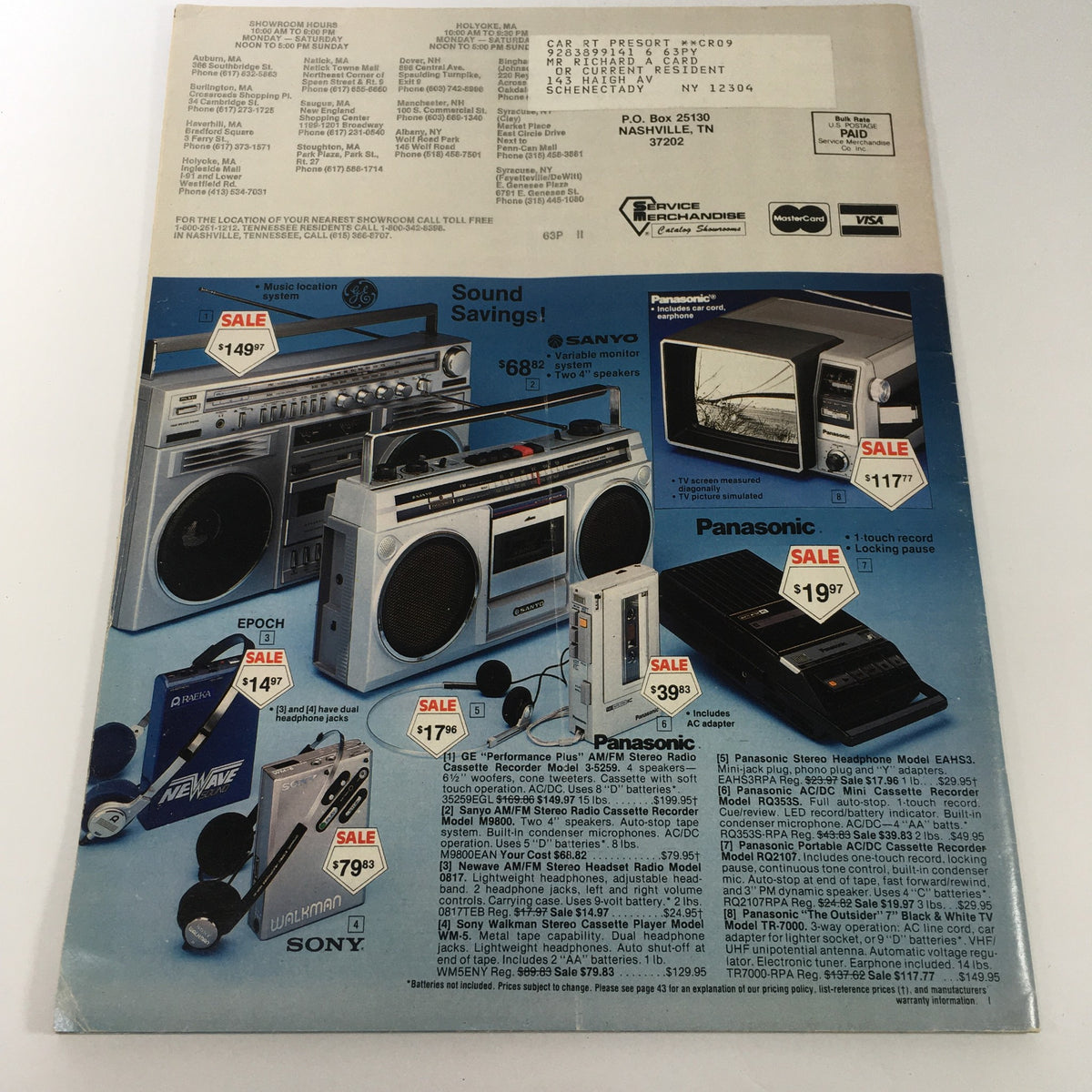 VTG 1983 Service Merchandise Catalog Showroom Summertime Savings Sale Guide displaying audio and video equipment including boomboxes and cassette recorders at sale prices.