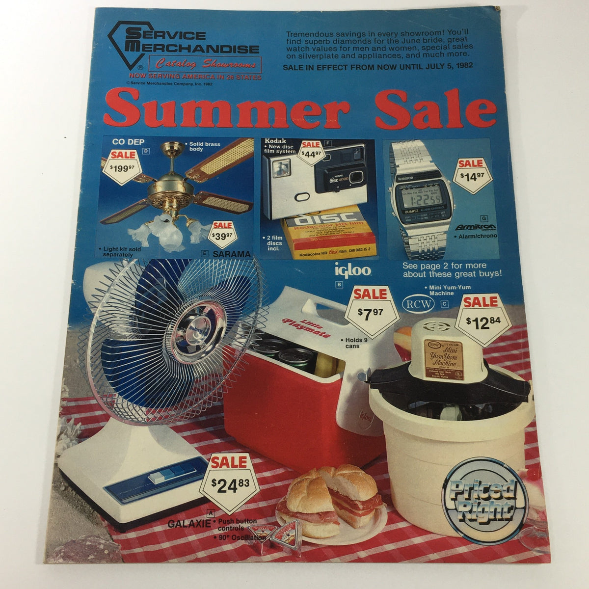 VTG 1982 Service Merchandise Catalog Showroom Summer Home Furniture Sale Guide cover featuring various sale items including a ceiling fan, camera, and home appliances.