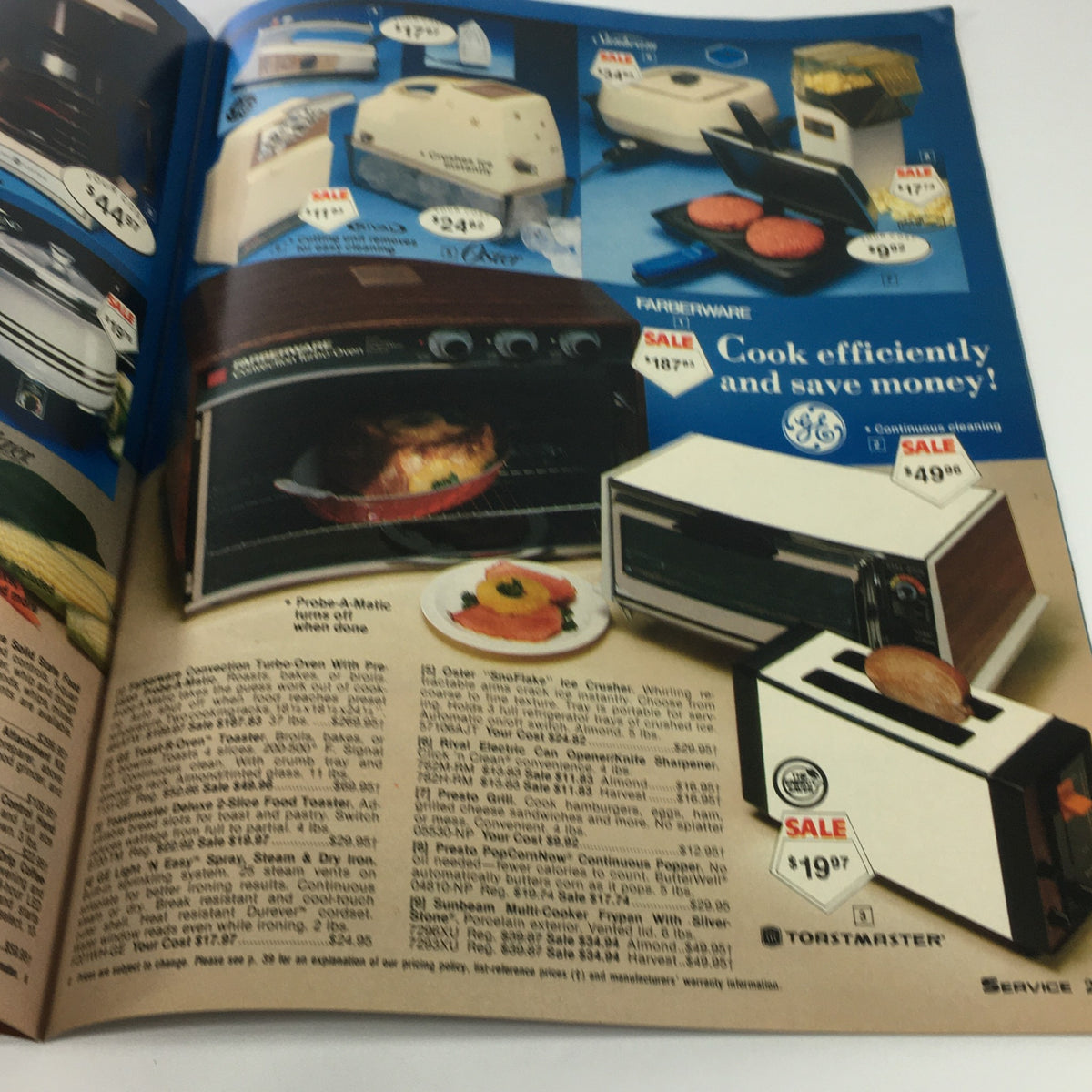 Another inside page of the VTG 1982 Service Merchandise Catalog showcasing kitchen appliances for sale, including toasters and ovens, with highlighted pricing.