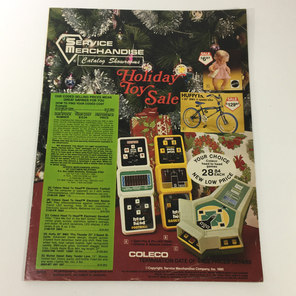 Vintage 1980 Service Merchandise Catalog Showroom Holiday Toy Sale Price Guide featuring toy and game advertisements, Christmas decorations, and pricing details.