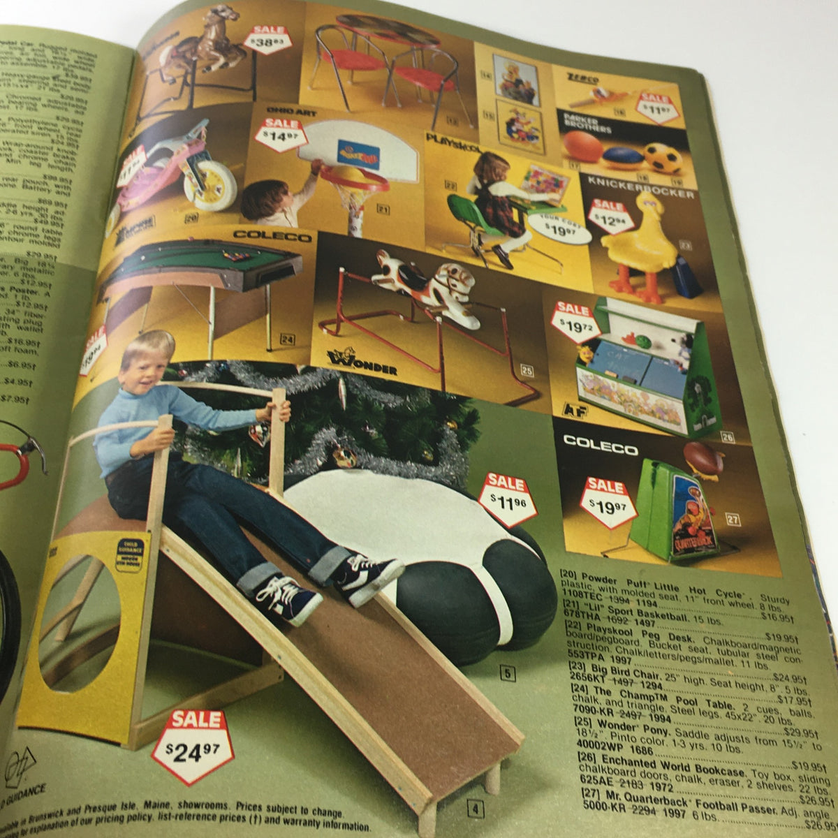 VTG 1980 Service Merchandise Catalog Showroom Holiday Toy Sale Price Guide featuring outdoor and ride-on toys for children, including slides and tricycles.